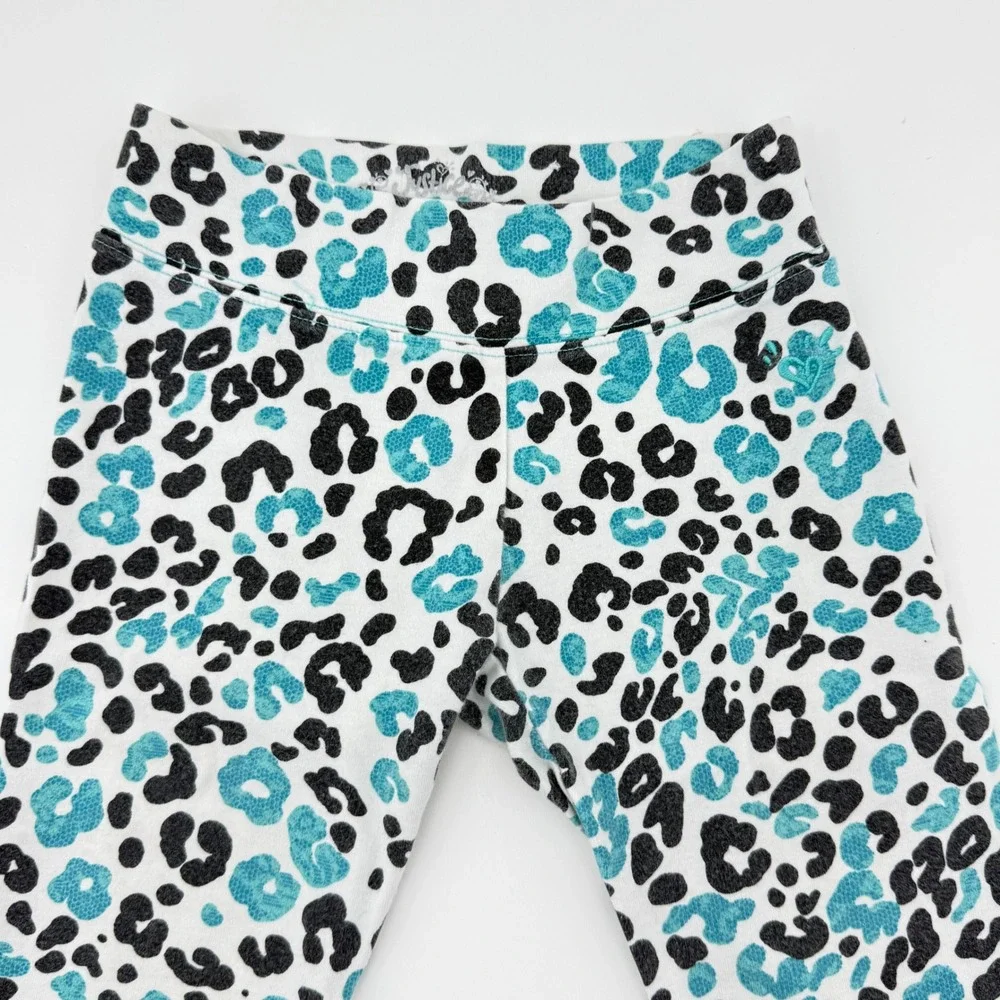 Justice Girls Y2K Leopard Print Cropped Leggings Teal &‎ Black Lace Trim Size 6